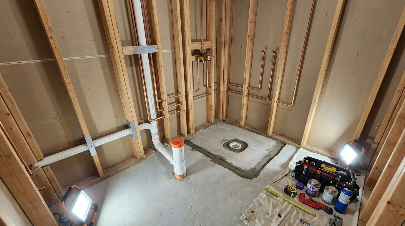 Bathroom rough-in plumbing during remodel by Johns Plumbing LLC in Herkimer