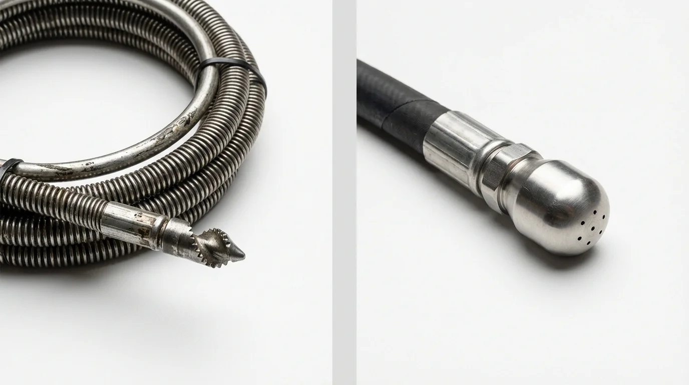 Drain snake cable and hydro jetting nozzle used for drain cleaning in Herkimer, NY