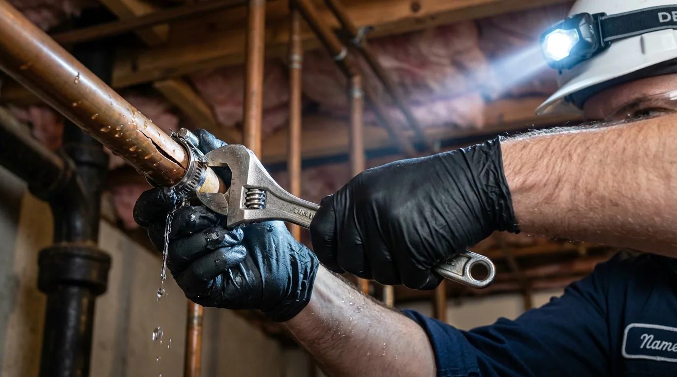 Emergency pipe clamp repair being performed by a Johns Plumbing LLC plumber in Herkimer