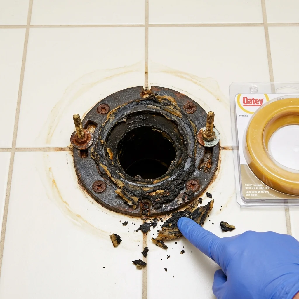 Failed wax ring showing water seepage at the base of a toilet in a Herkimer, NY home