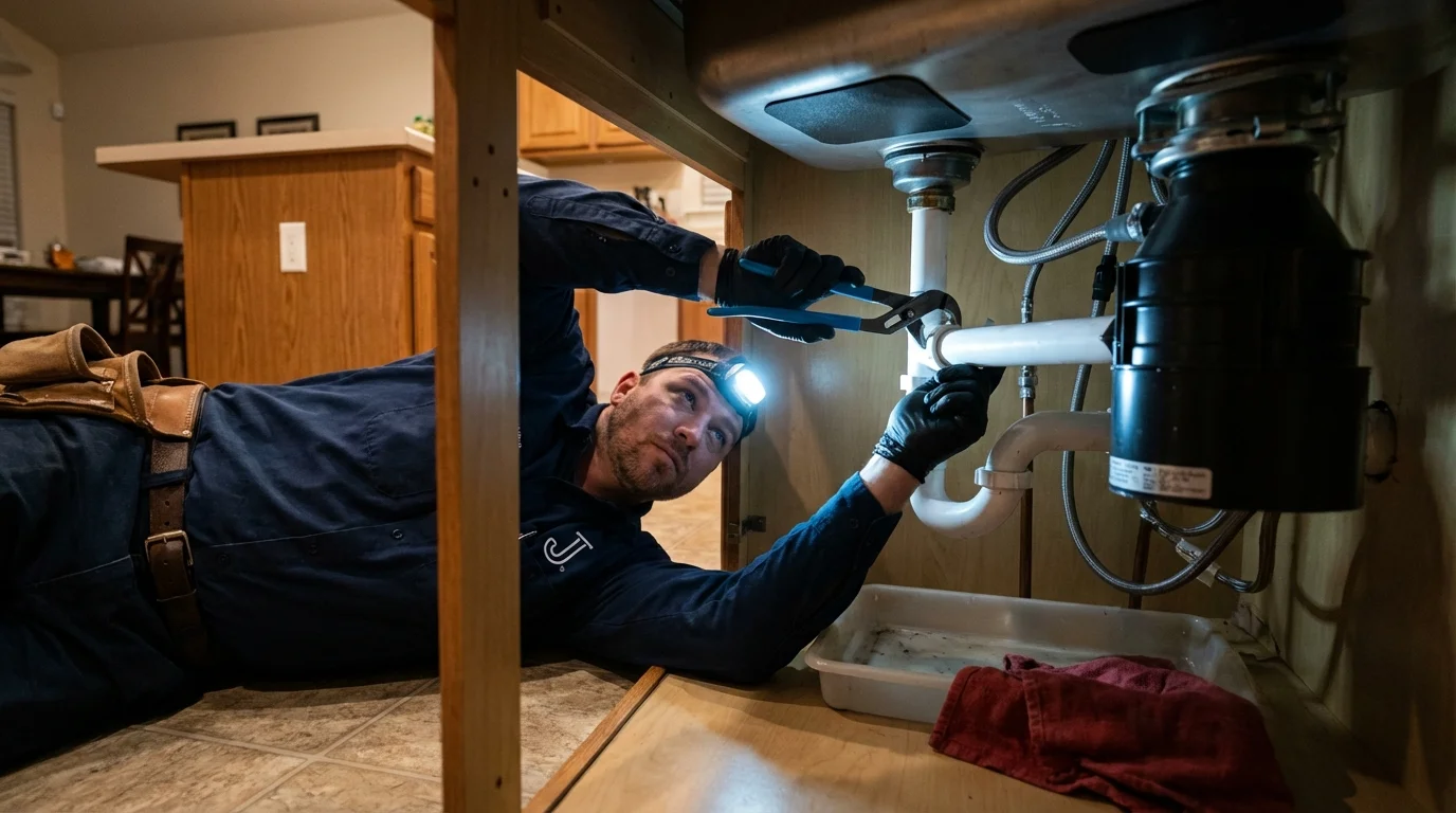 P-trap and supply line connections under a kitchen sink showing a common leak point in Herkimer, NY